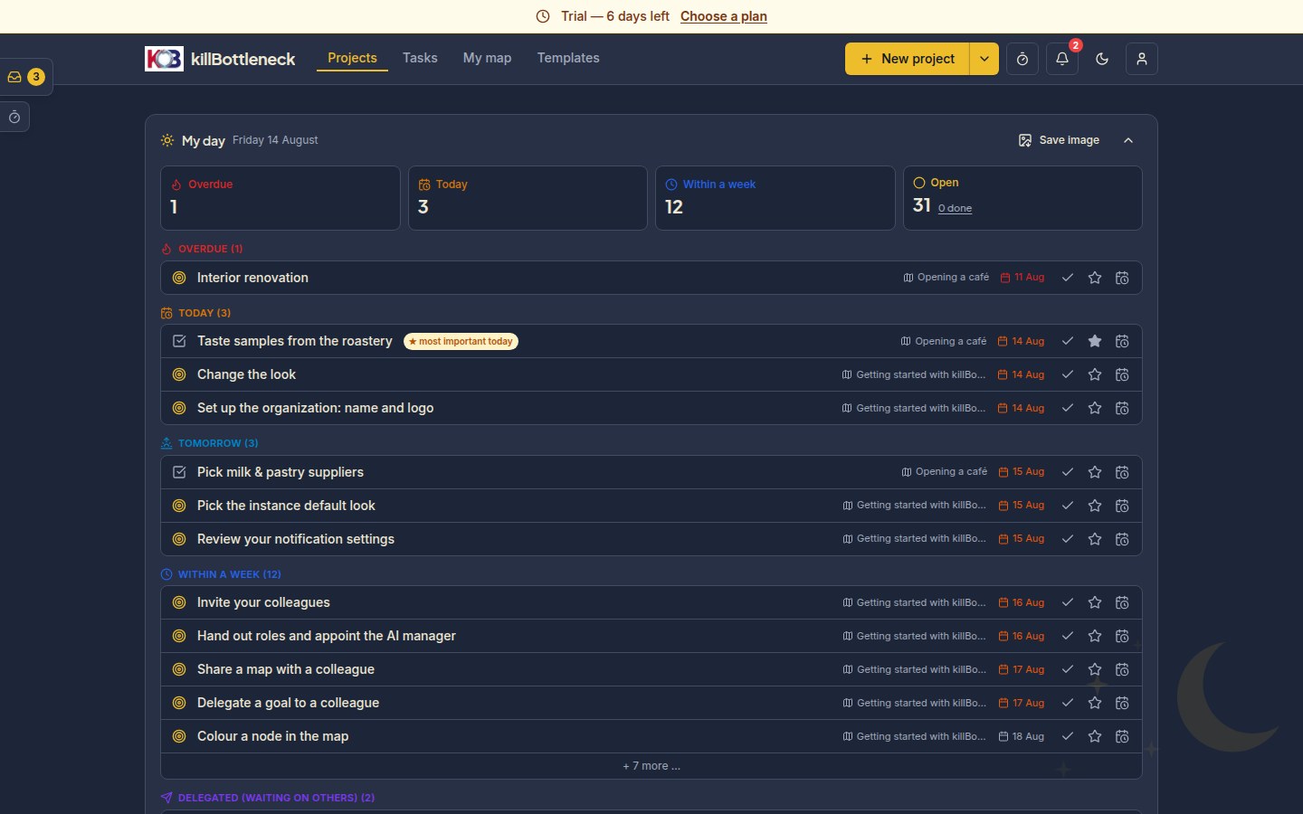 The app with a yellow bar on top: Trial version — 6 days left, with a Pick a plan link